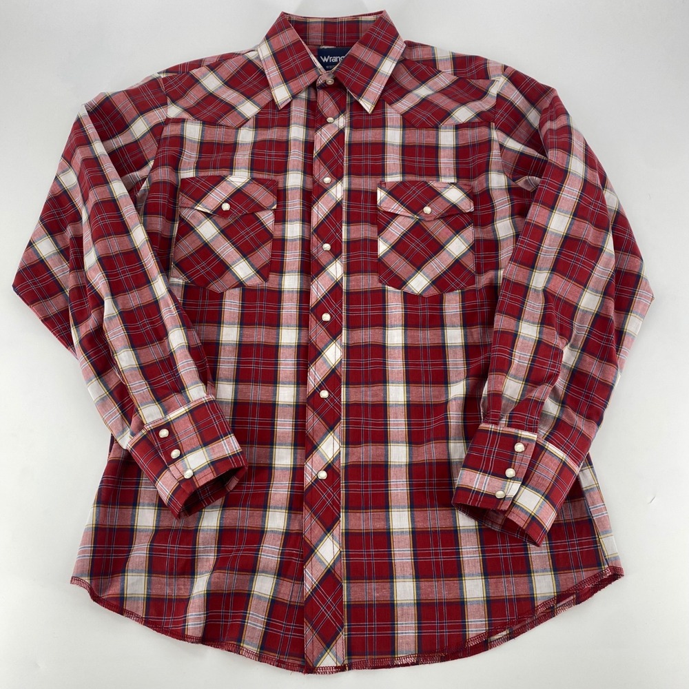 Wrangler Western Shirt Mens Red Plaid Pearl‎ Snap Long Sleeve Cowboy Top